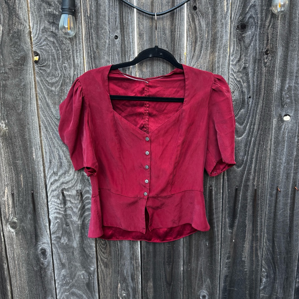 Frame Wine Red Shirred Silk V Neck Short Sleeve Peplum Button Down Blouse Small
